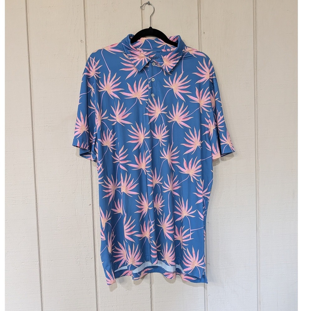 Chubbies Mens XXL Blue Pink Tropical Palm Leaf Performance Golf Polo Shirt